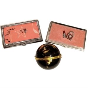 Set (3) Vintage Mary Kay Silver Card Holders & Black/Gold Globe Trinket …
